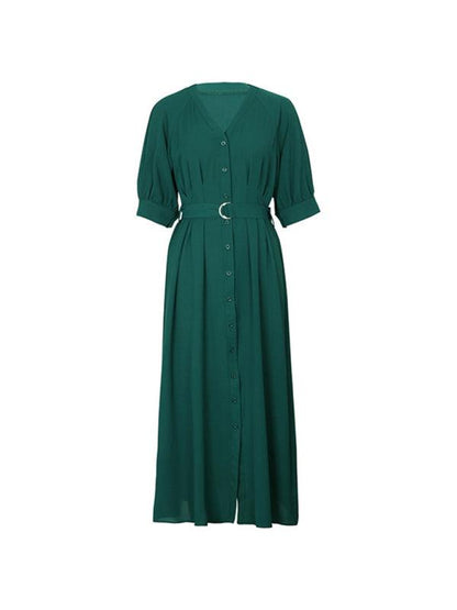 Women's V-Neck Green Dress With Belt - Long Dress - Guocali