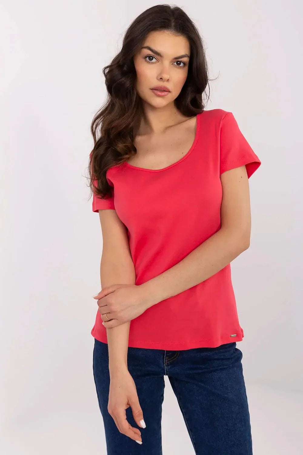 Women Scoop-Neck Short-Sleeves T-Shirt – Stretchable - Pink -Guocali