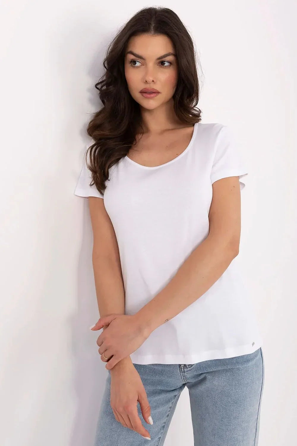 Women Scoop-Neck Short-Sleeves T-Shirt – Stretchable - White -Guocali