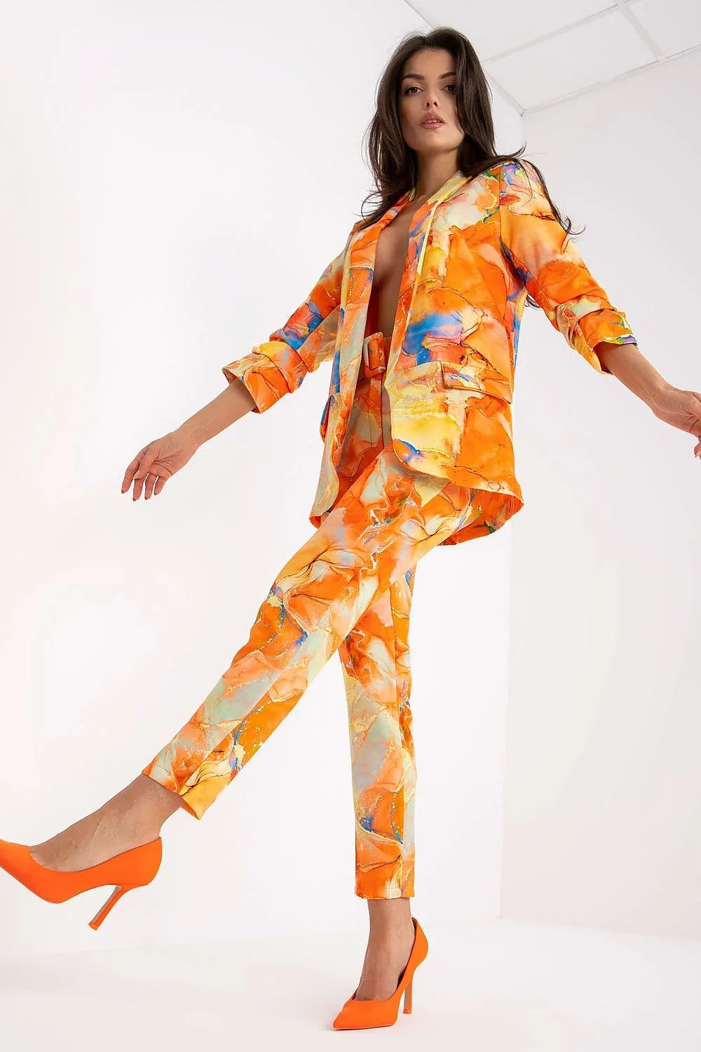 Women Suit Jacket - Stretchable - Slip-On - Orange, Multicolor