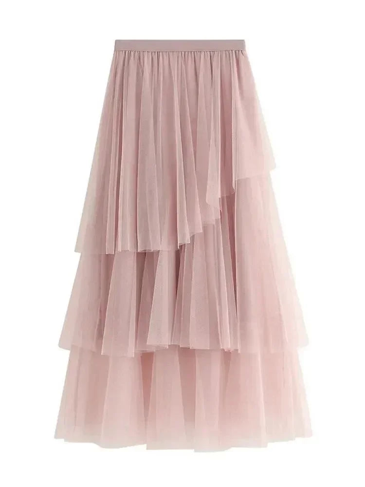 Women Tiered Skirt Asymmetric Mesh - High Waist Midi Women Skirt
