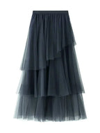 Women Tiered Skirt Asymmetric Mesh - High Waist Midi Women Skirt