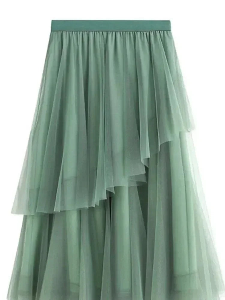 Women Tiered Skirt Asymmetric Mesh - High Waist Midi Women Skirt