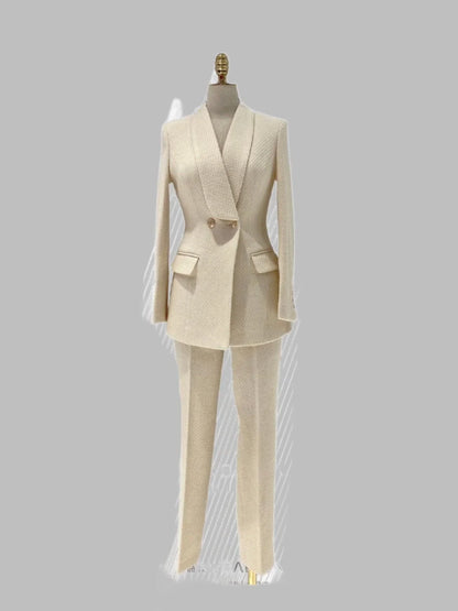 Women Two-Piece Pantsuit - Gold Buttons - Woolen Suit -Guocali