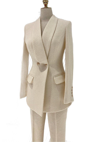 Women Two-Piece Pantsuit - Gold Buttons - Woolen Suit - Pantsuit - Guocali