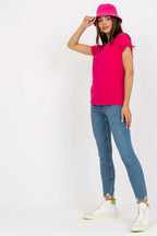 Women U-Neck Short-Sleeves T-Shirt – Stretchable - Pink -Guocali