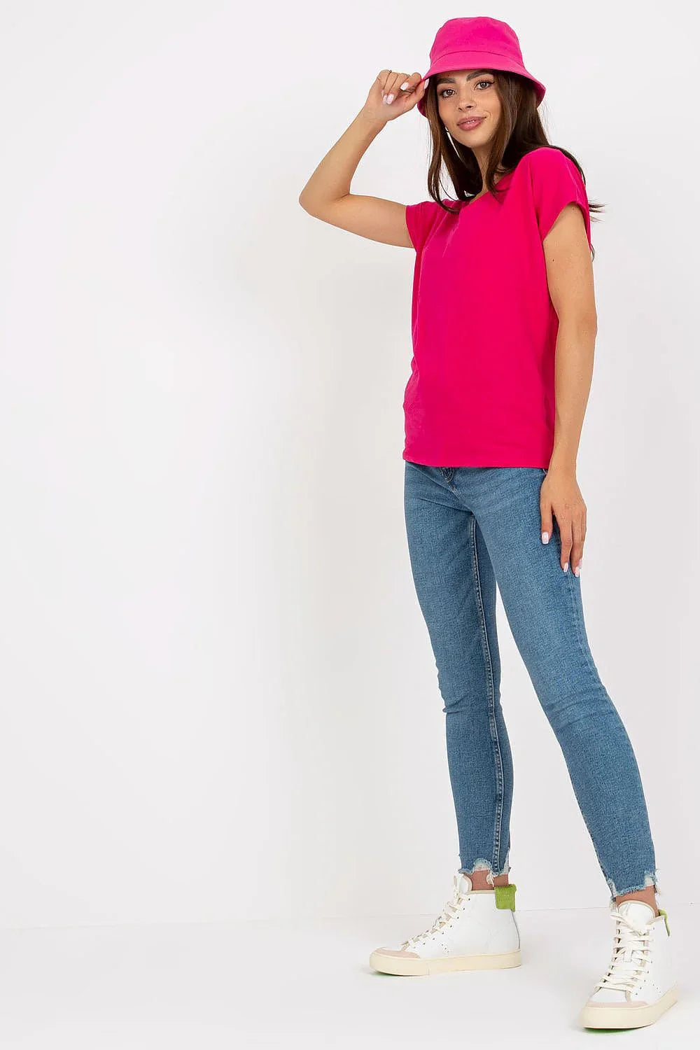 Women U-Neck Short-Sleeves T-Shirt – Stretchable - Pink -Guocali