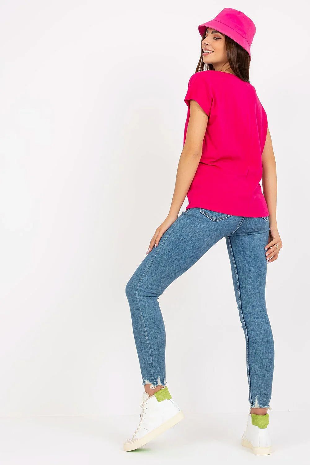 Women U-Neck Short-Sleeves T-Shirt – Stretchable - Pink -Guocali