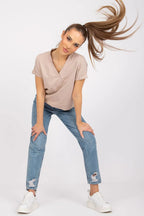 Women V-Neck Short-Sleeves T-Shirt – Stretchable - Beige -Guocali