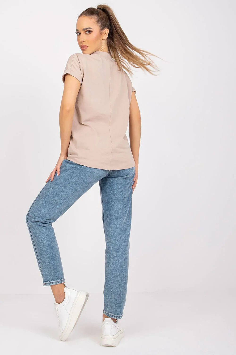 Women V-Neck Short-Sleeves T-Shirt – Stretchable - Beige -Guocali