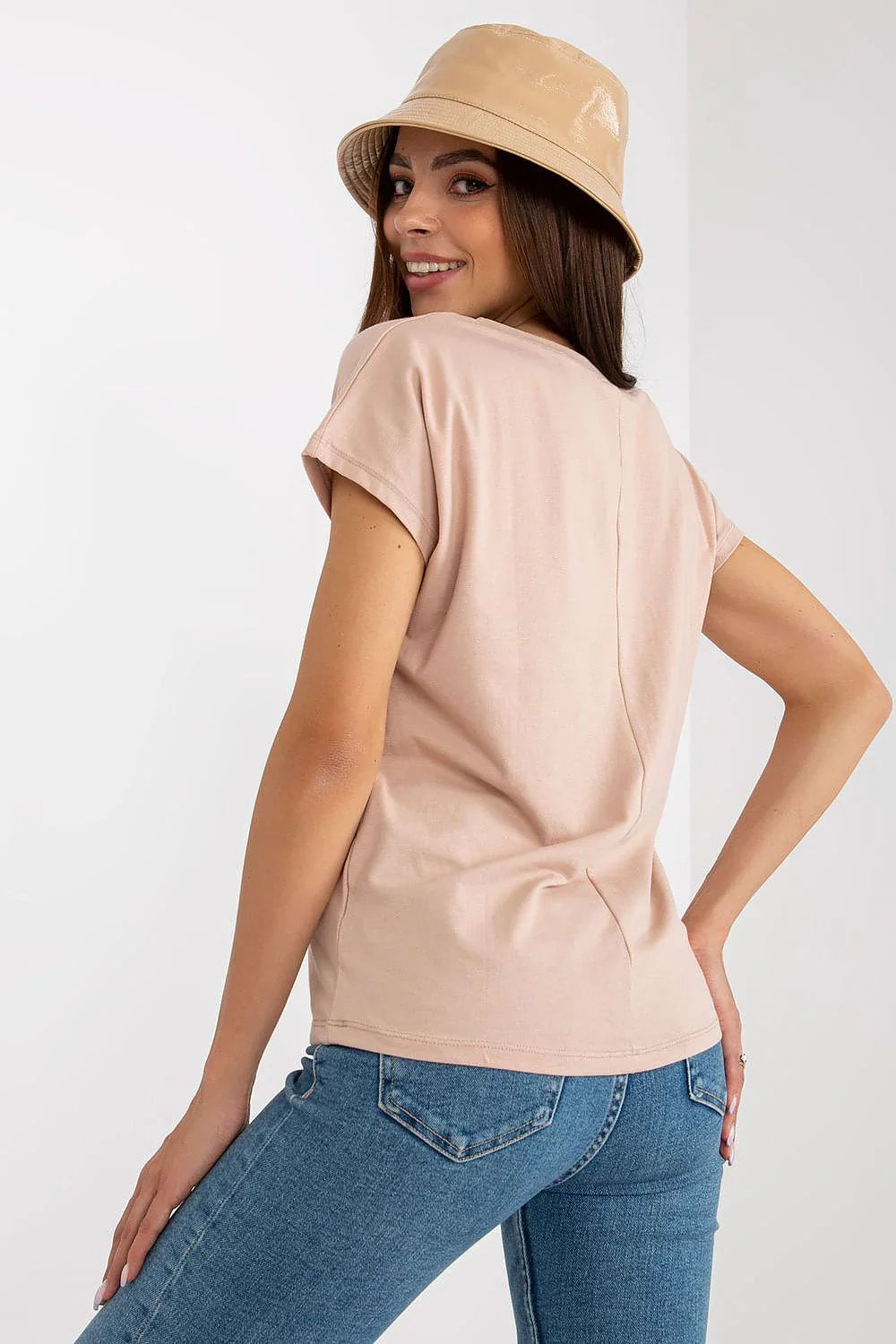 Women V-Neck Short-Sleeves T-Shirt – Stretchable - Beige -Guocali
