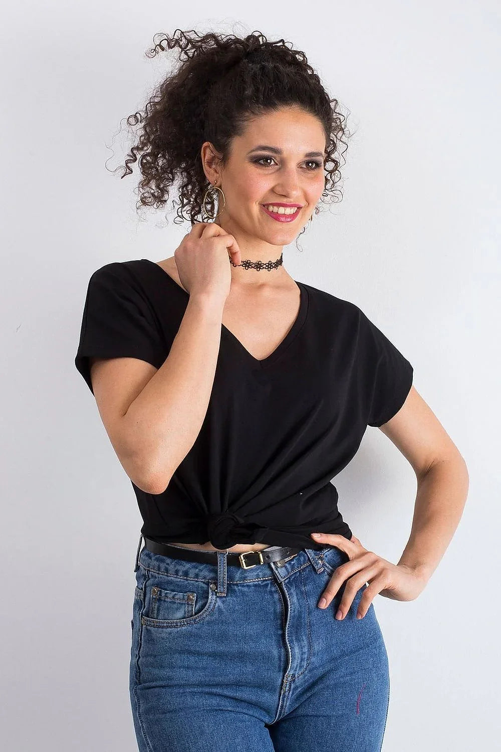 Women V-Neck Short-Sleeves T-Shirt – Stretchable - Black -Guocali