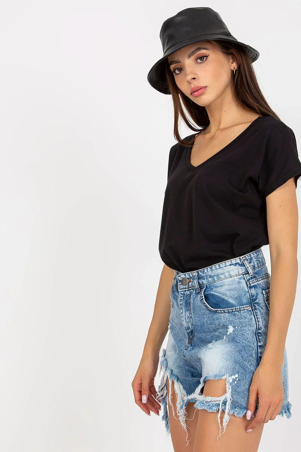 Women V-Neck Short-Sleeves T-Shirt – Stretchable - Black -Guocali