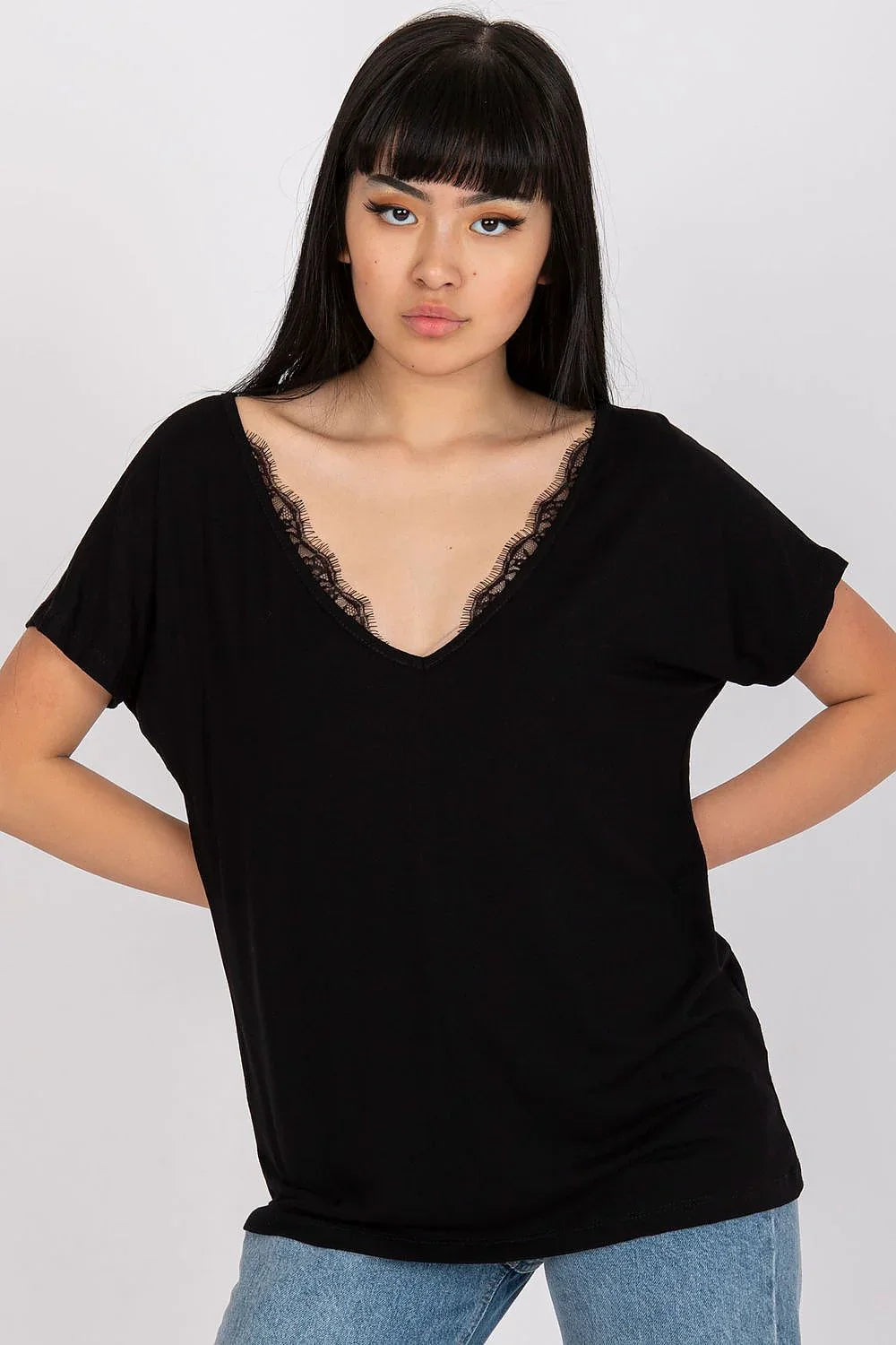 Women V-Neck Short-Sleeves T-Shirt – Stretchable - Black -Guocali