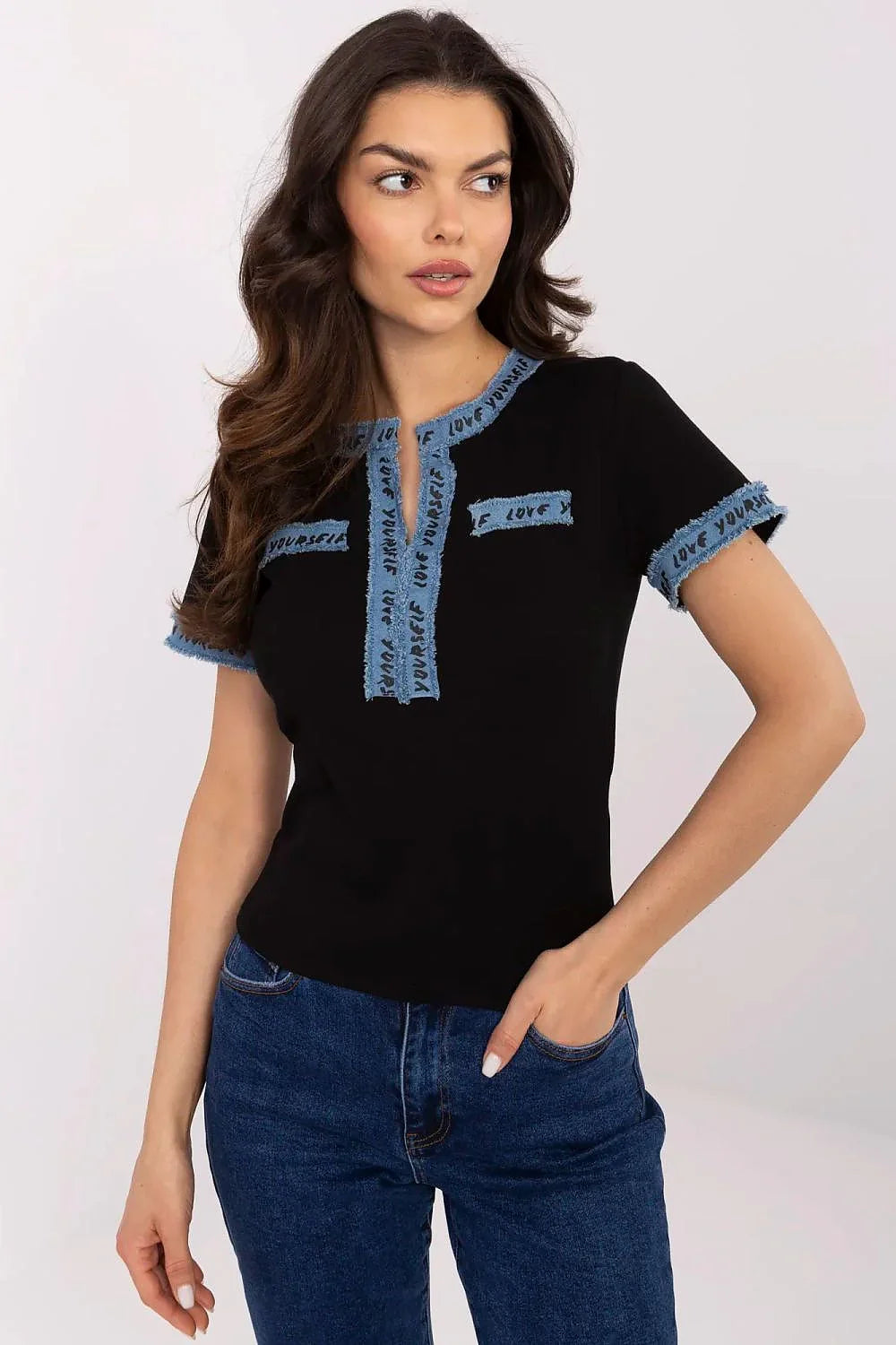Women V-Neck Short-Sleeves T-Shirt – Stretchable - Black -Guocali
