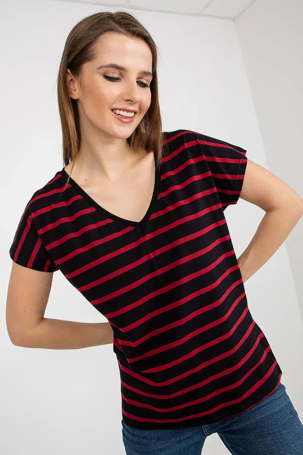 Women V-Neck Short-Sleeves T-Shirt – Stretchable - Black, Red -Guocali