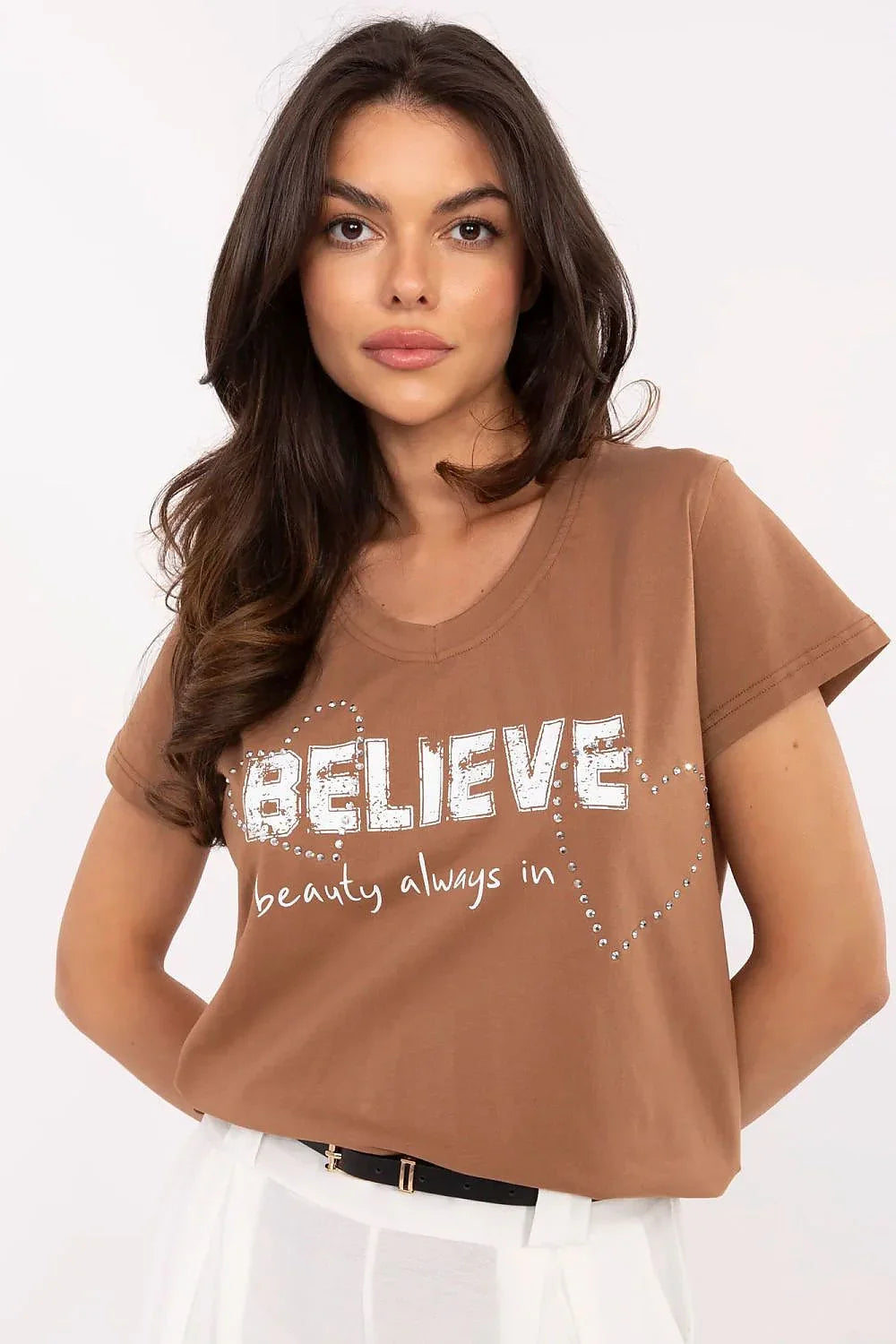 Women V-Neck Short-Sleeves T-Shirt – Stretchable - Brown -Guocali