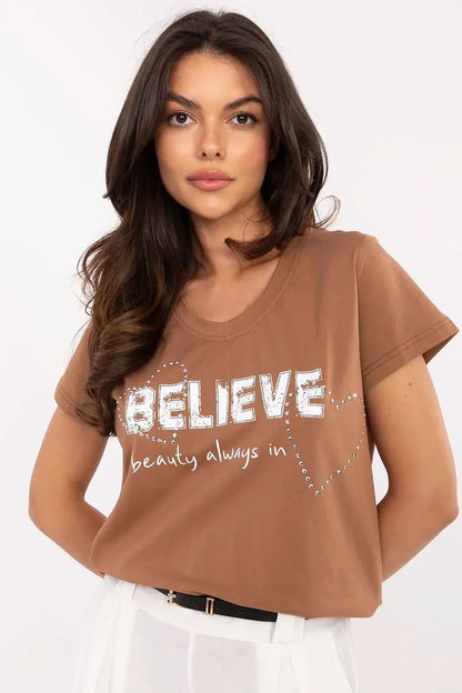 Women V-Neck Short-Sleeves T-Shirt – Stretchable - Brown -Guocali