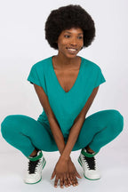 Women V-Neck Short-Sleeves T-Shirt – Stretchable - Green -Guocali