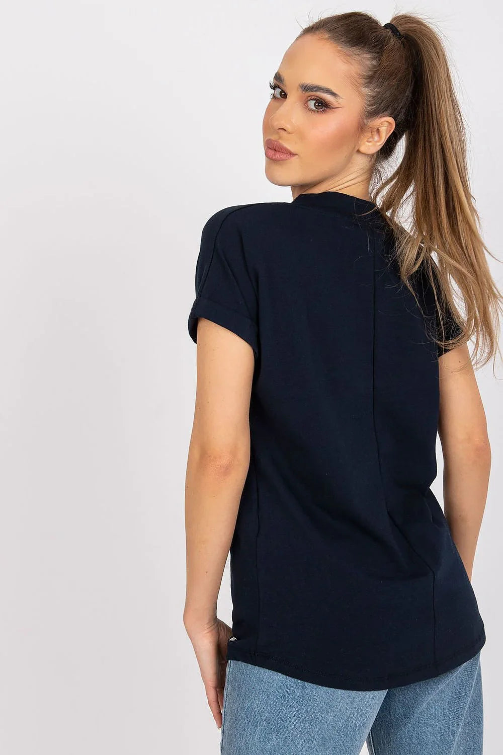 Women V-Neck Short-Sleeves T-Shirt – Stretchable - Navy -Guocali
