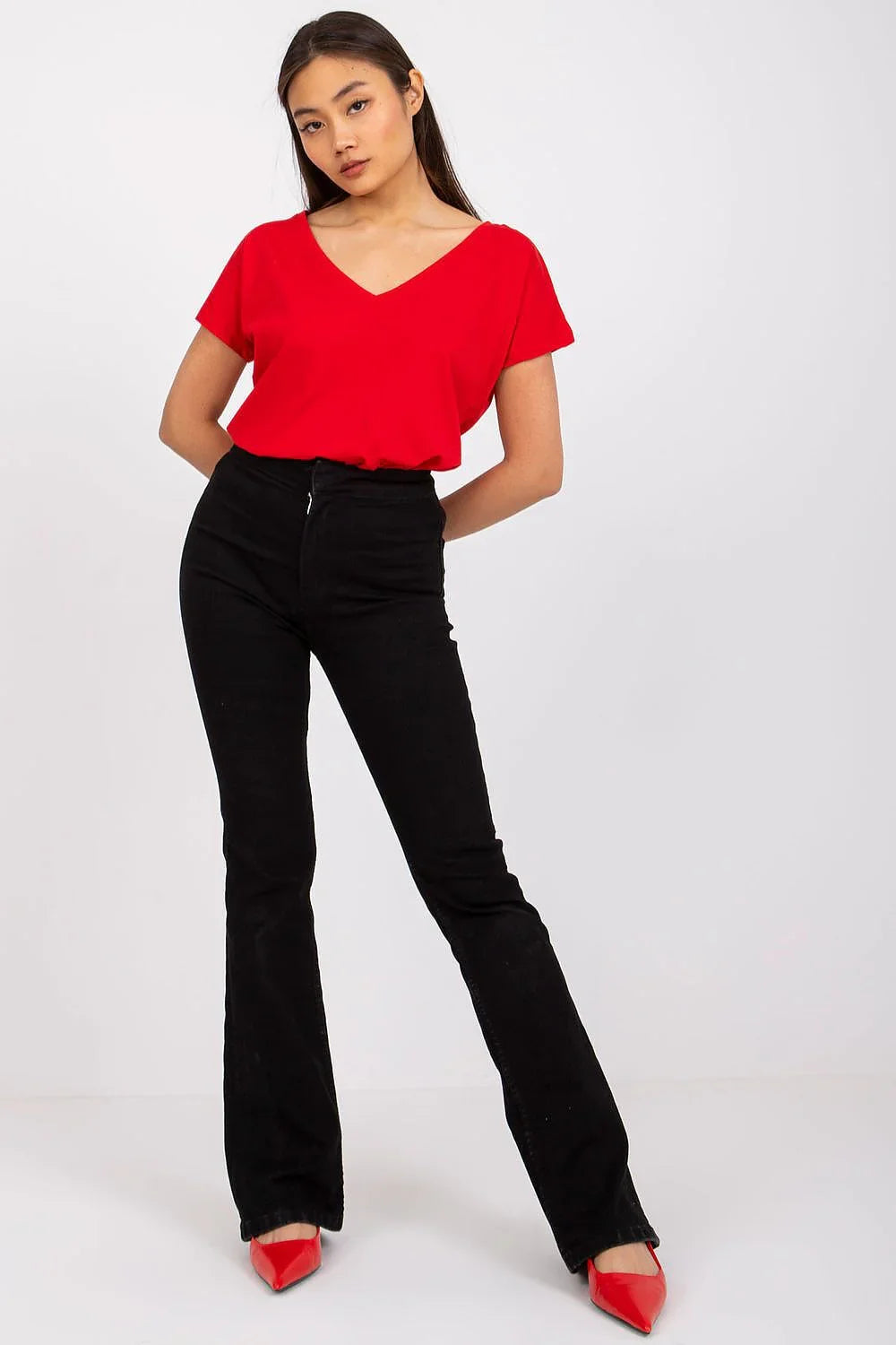 Women V-Neck Short-Sleeves T-Shirt – Stretchable - Red -Guocali
