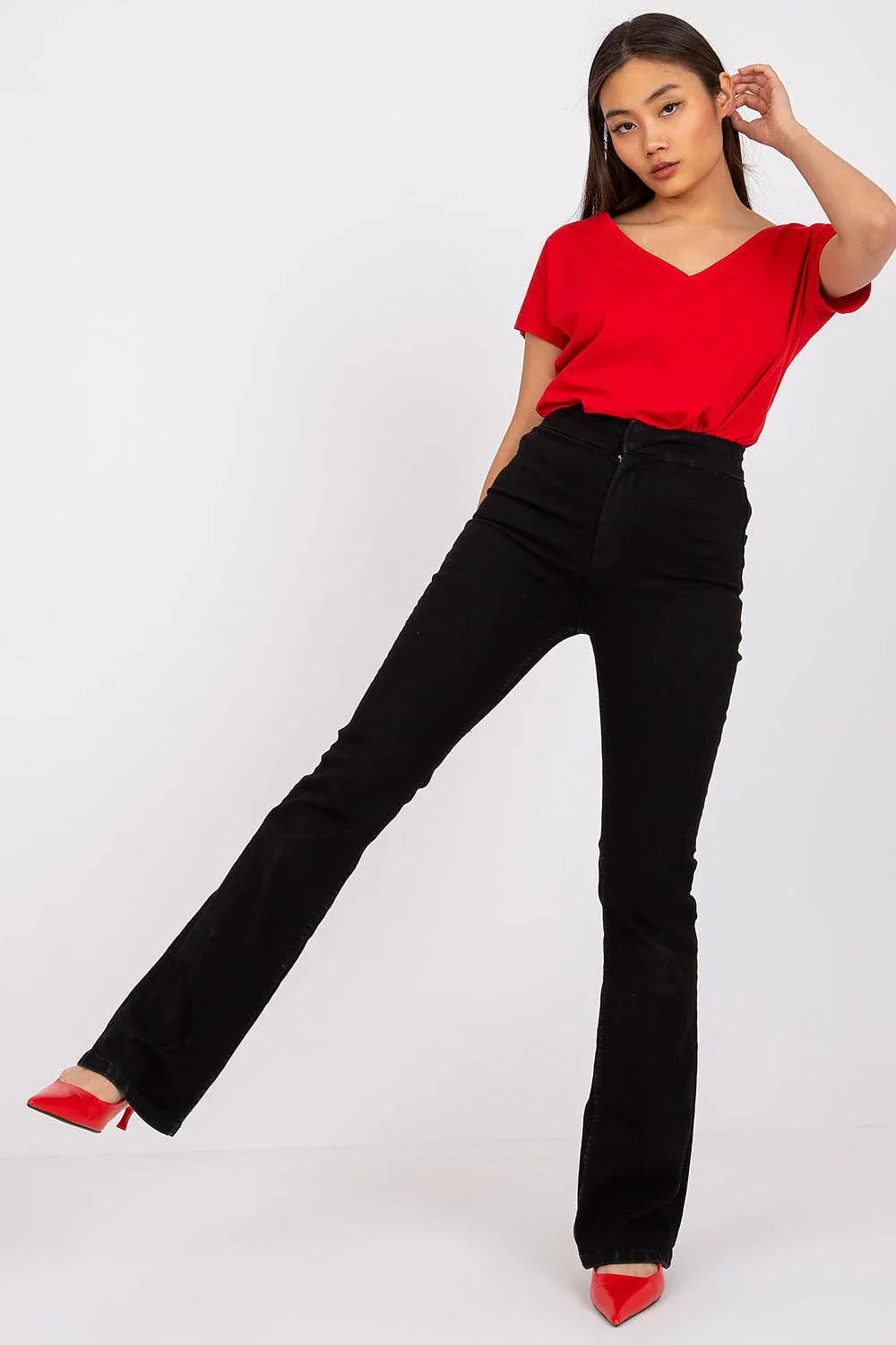 Women V-Neck Short-Sleeves T-Shirt – Stretchable - Red -Guocali
