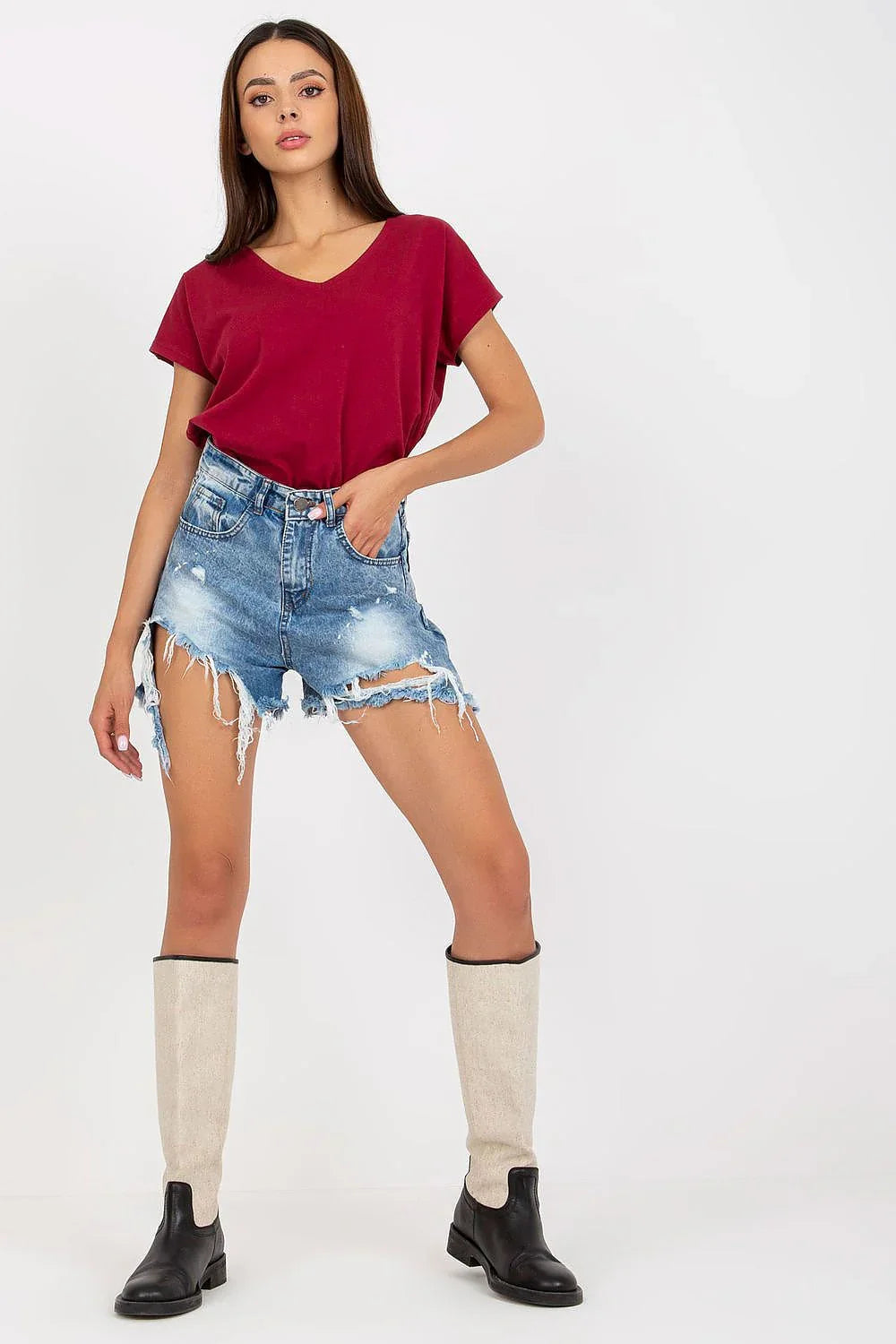Women V-Neck Short-Sleeves T-Shirt – Stretchable - Red -Guocali