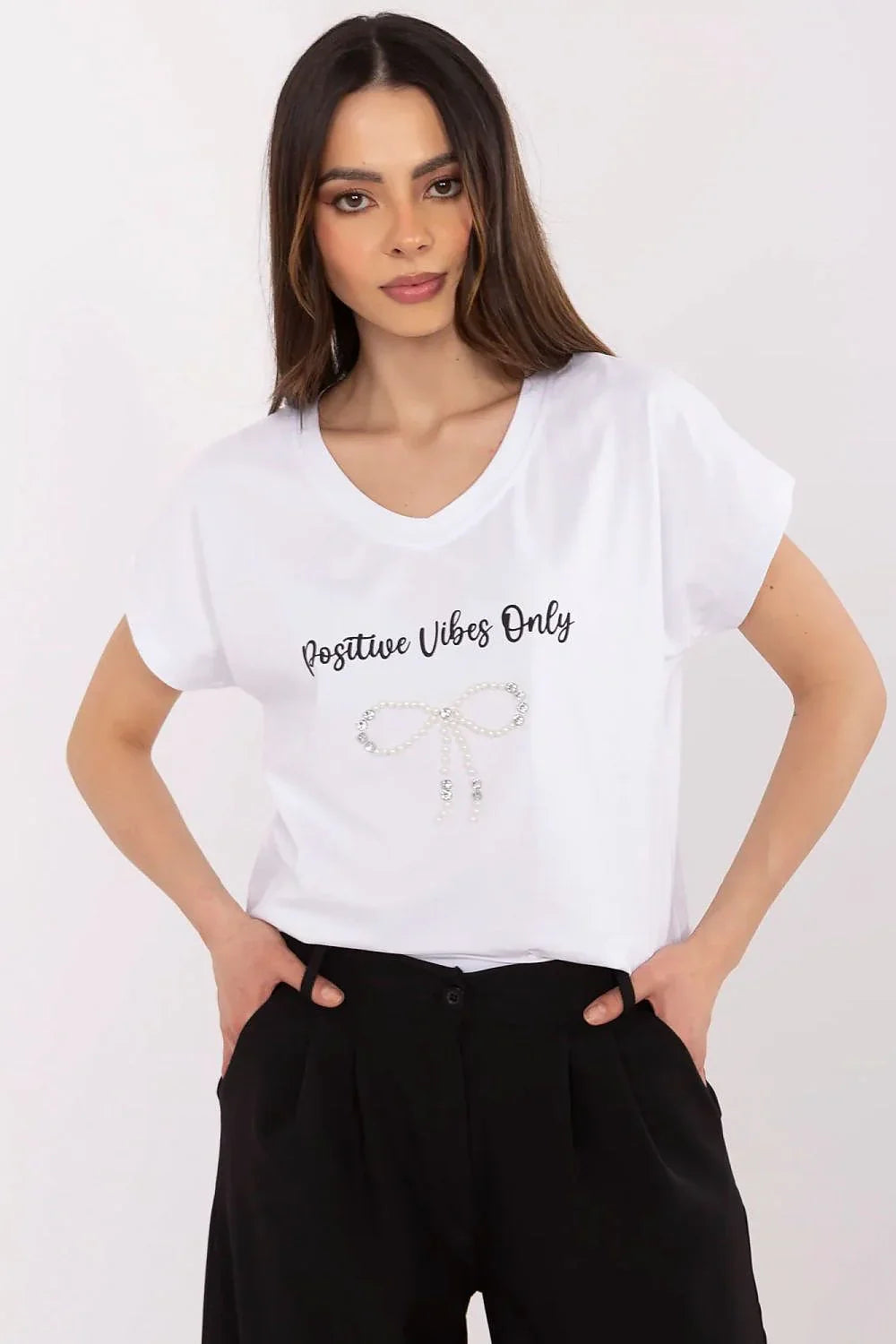 Women V-Neck Short-Sleeves T-Shirt – Stretchable - White -Guocali