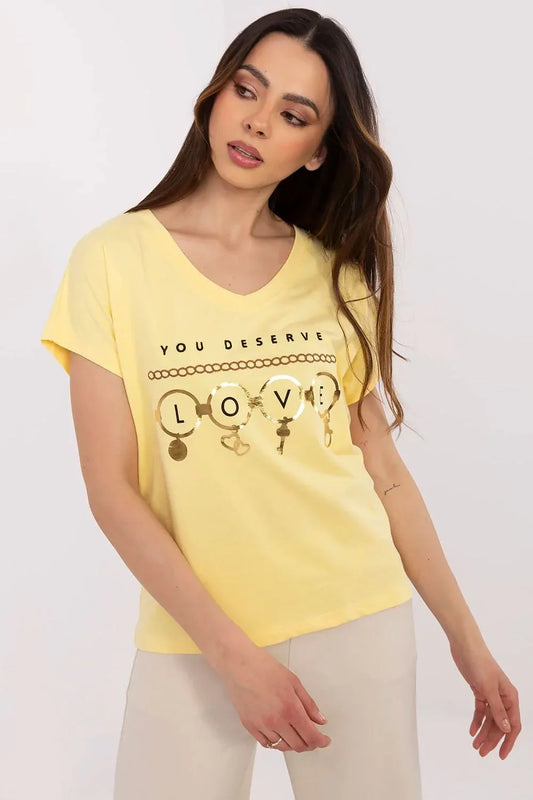Women V-Neck Short-Sleeves T-Shirt – Stretchable - Yellow, Gold -Guocali