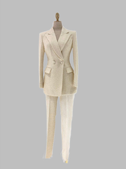 Woolen Women Pant Suit - Thick Beige Trouser Suit - Pantsuit - Guocali