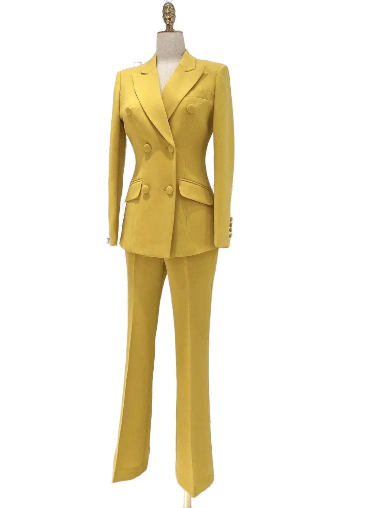 Yellow Double-Breasted Pant Suit - Flared Women Suit -Guocali