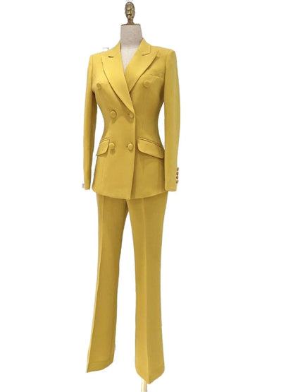 Yellow Double-Breasted Pant Suit - Flared Women Suit -Guocali