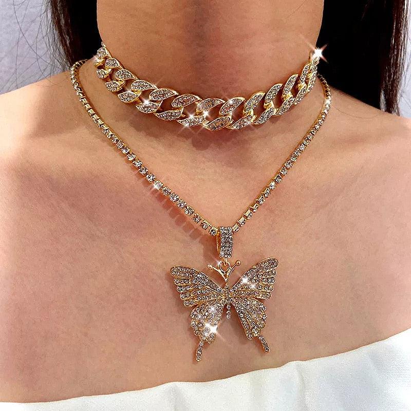 Big Butterfly Pendant Necklace - Rhinestone Jewelry - Pendant Necklace - Guocali