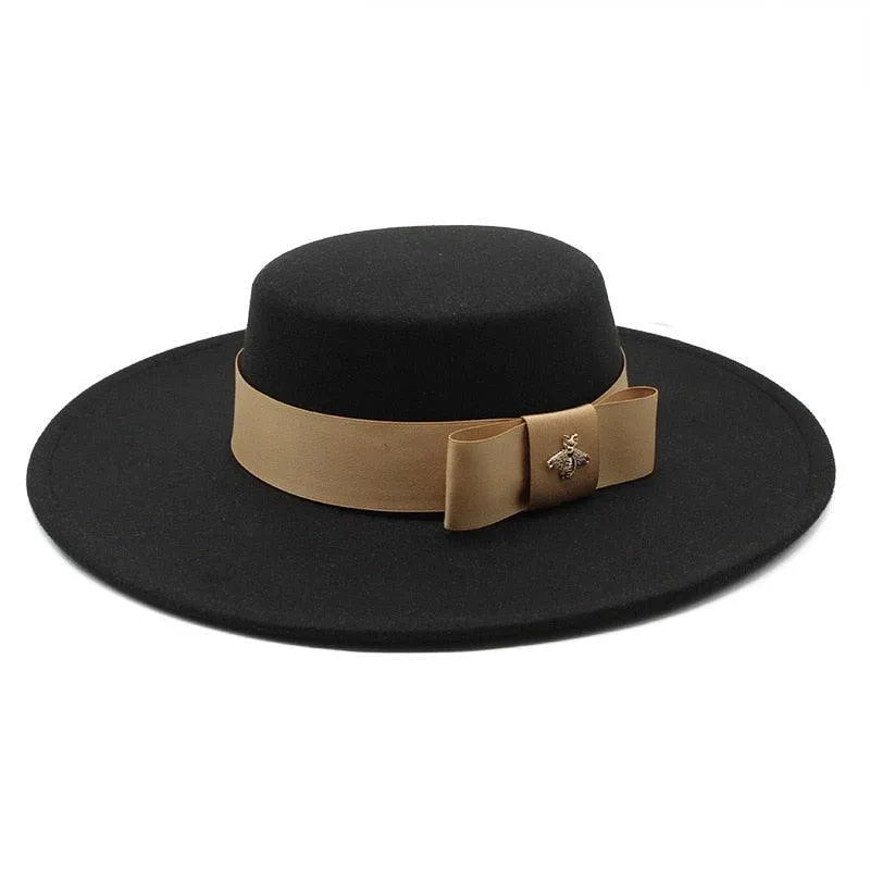 Black flat top fedora hat for women with beige bowknot and decorative bee pin