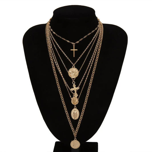 Multi-Layer Pendant Necklace - Cross and Virgin Mary -Guocali