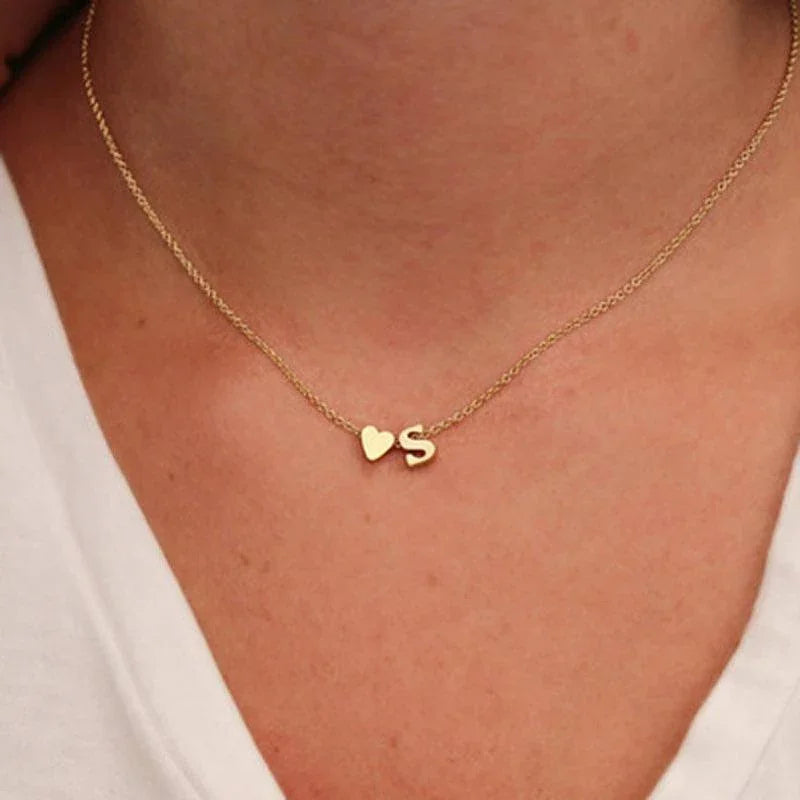 Tiny Heart and Initial Letter Pendant Necklace -Guocali